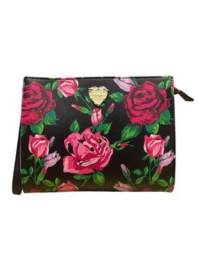 Betsey Johnson Women’s Black & Pink Floral Print With Gold Heart Detail Clutch